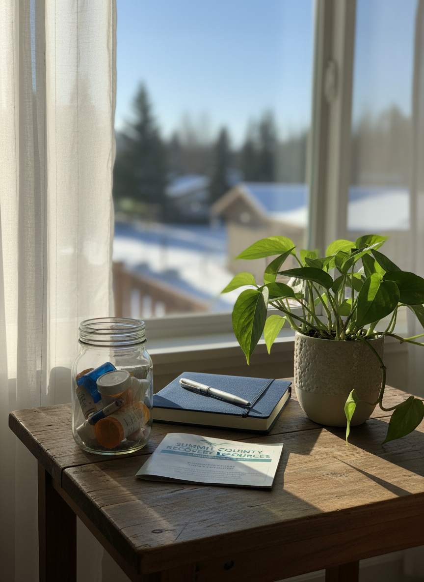 An arrangement symbolizing addiction and recovery on a simple wooden side table near a large window, captured in photographic realism. A small, clear glass jar of assorted prescription bottles sits beside a folded, worn brochure on recovery resources, while a single healthy green plant in a ceramic pot adds a strong note of renewal and growth. Behind them, a closed notebook with a pen resting on top hints at reflective writing and storytelling. Soft morning light pours through sheer curtains, casting gentle highlights on the glass and subtle shadows on the table’s grain. The background shows a blurred view of Summit County treetops and rooftops. Shot at a slightly elevated angle with a shallow depth of field, the mood is quiet, compassionate, and resilient, evoking second chances and healing.