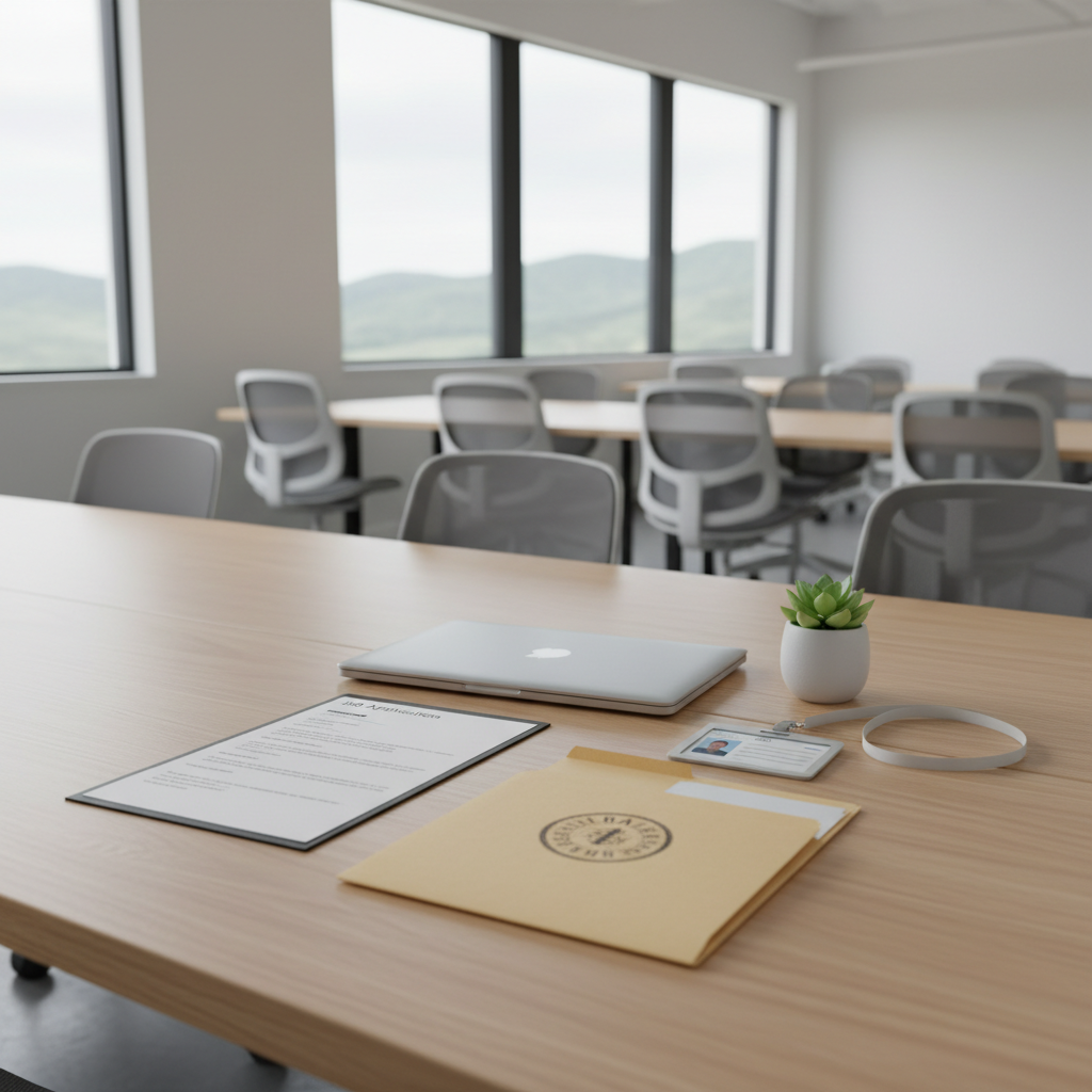 A nuanced employment and second-chance concept staged in a bright, modern co-working space, photographed in clean, documentary style. On a light oak table rests a neatly arranged job application packet, a closed laptop, and a simple manila folder stamped with a bold, generic seal suggesting a past record, though no readable text appears. Beside them, a fresh employee ID badge on a plain lanyard and a small potted plant symbolize new beginnings. Through tall windows, the subtle contours of Summit County hills are visible under soft midday light. The lighting is bright but diffused, reducing harsh contrast and creating a balanced, hopeful atmosphere. Captured from a slightly elevated angle with medium depth of field, the table is in sharp focus while rows of empty ergonomic chairs and shared desks recede gently into a blurred background, hinting at opportunity and inclusion.