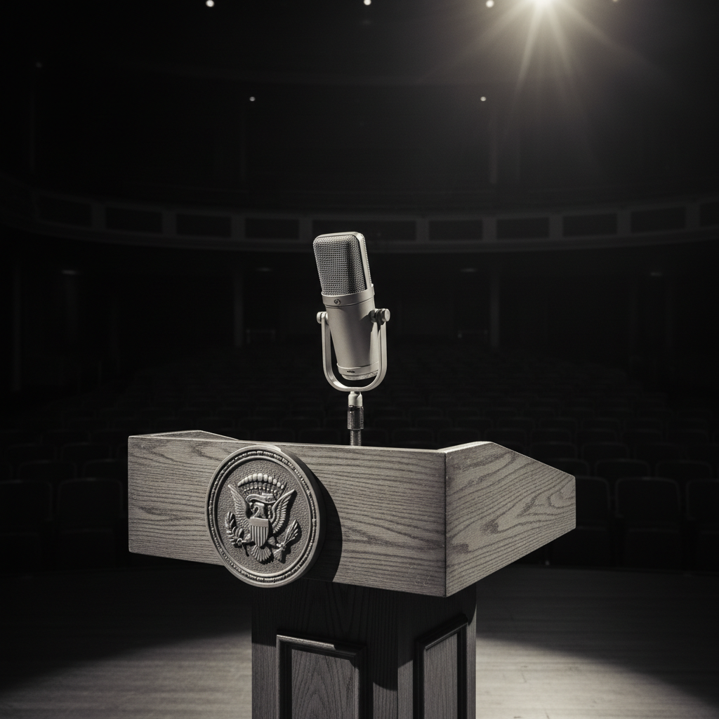 A professional microphone on a podium or lectern on a stage, warm dramatic lighting, dark background, editorial photography style, black and white or muted tones